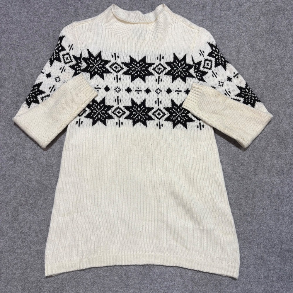 H&M Womens Fair Isle Knit Sweater Tunic Mock Neck Cream Black Snowflake XS